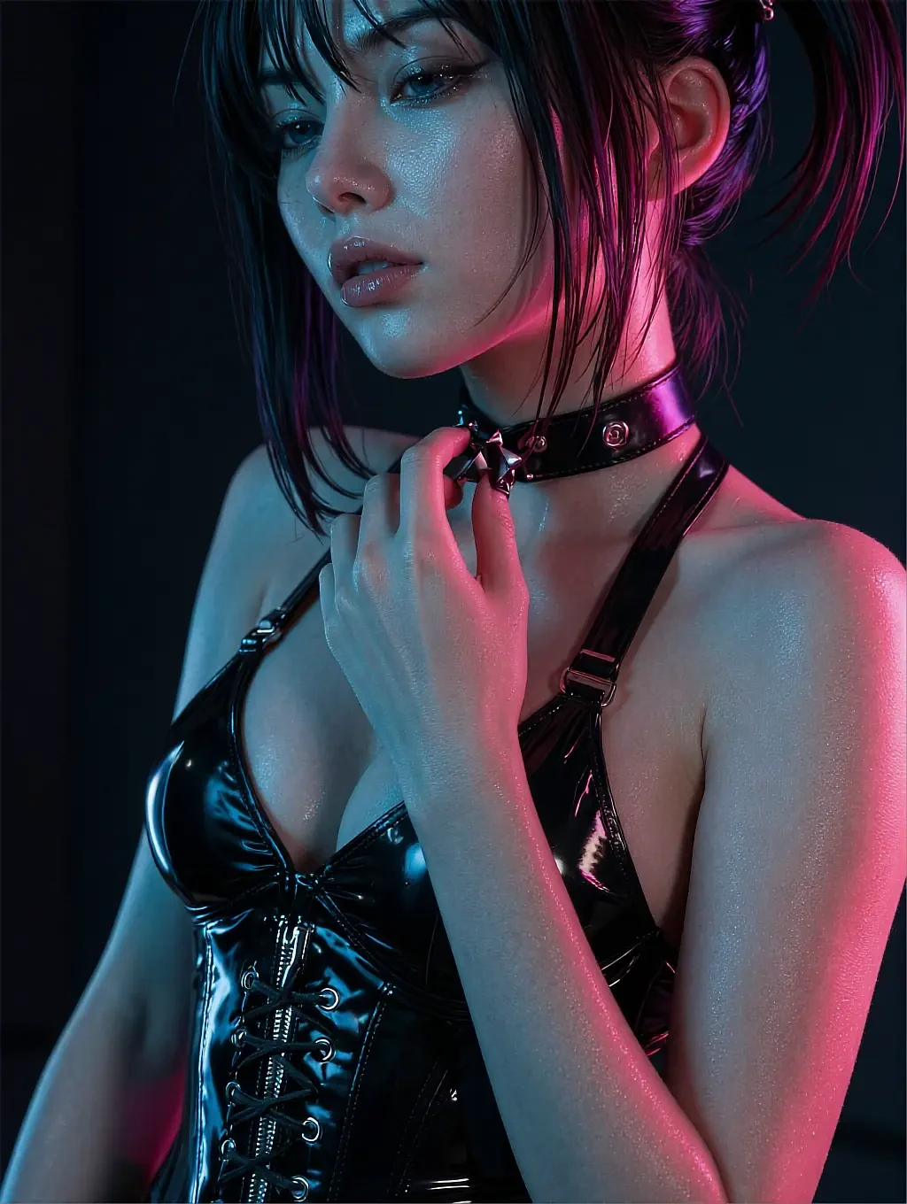 Fictional adult AI character photographed in a dim bedroom
