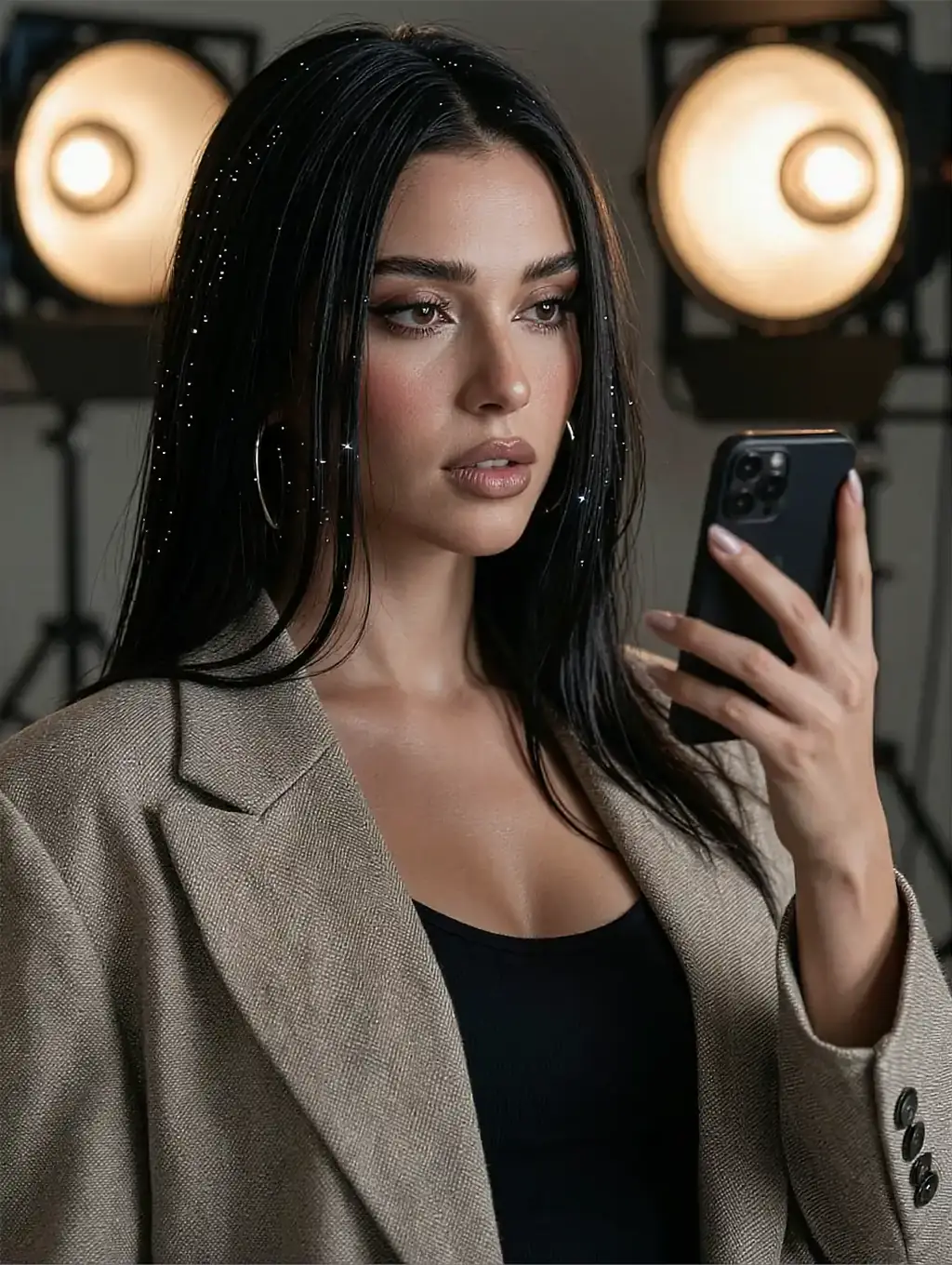 Fictional adult AI character at night, lit only by a phone screen